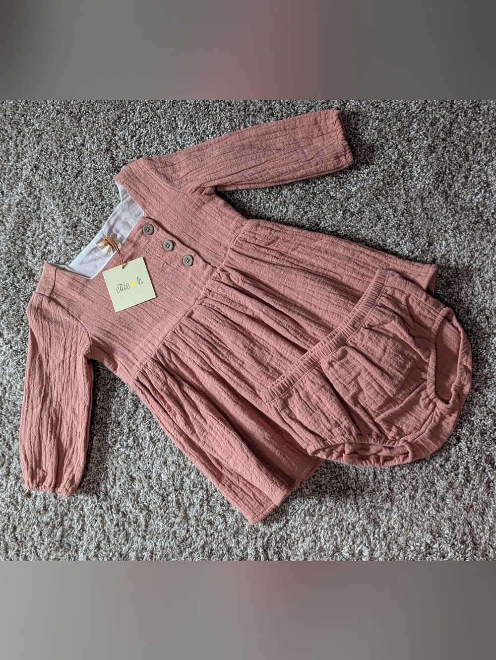 NWT mauve dress with bloomers by ettie + h, 18-24m